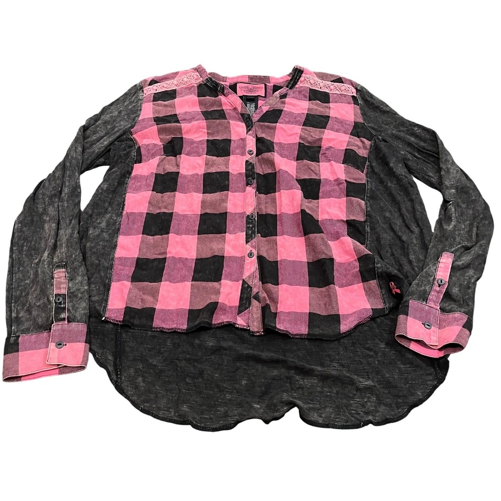 Harley Davidson Shirt Womens 2W Pink Plaid Acid Wash Lace Trim Long Sleeve Top